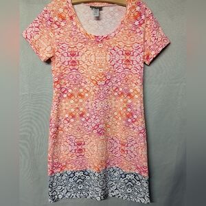 Tommy Bahama Pink Orange Printed Scoop Neck Tunic with Navy Border Trim